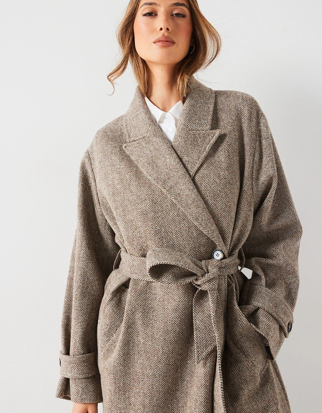 Wool Herringbone Duster Coat - Beige