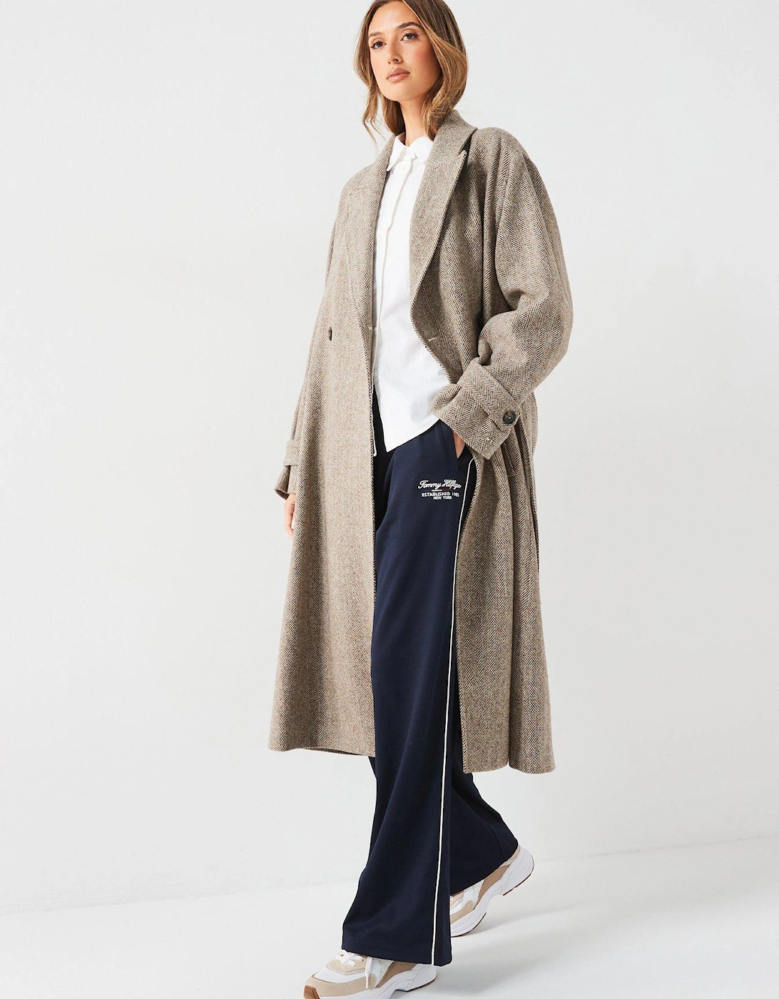 Wool Herringbone Duster Coat - Beige