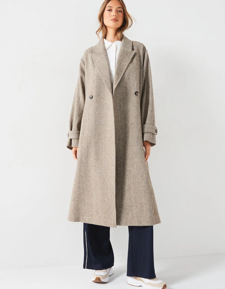 Wool Herringbone Duster Coat - Beige