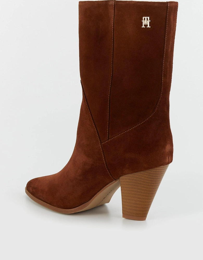 Suede Heeled Cowboy Boots - Brown