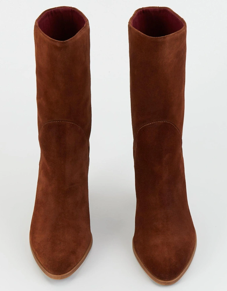 Suede Heeled Cowboy Boots - Brown