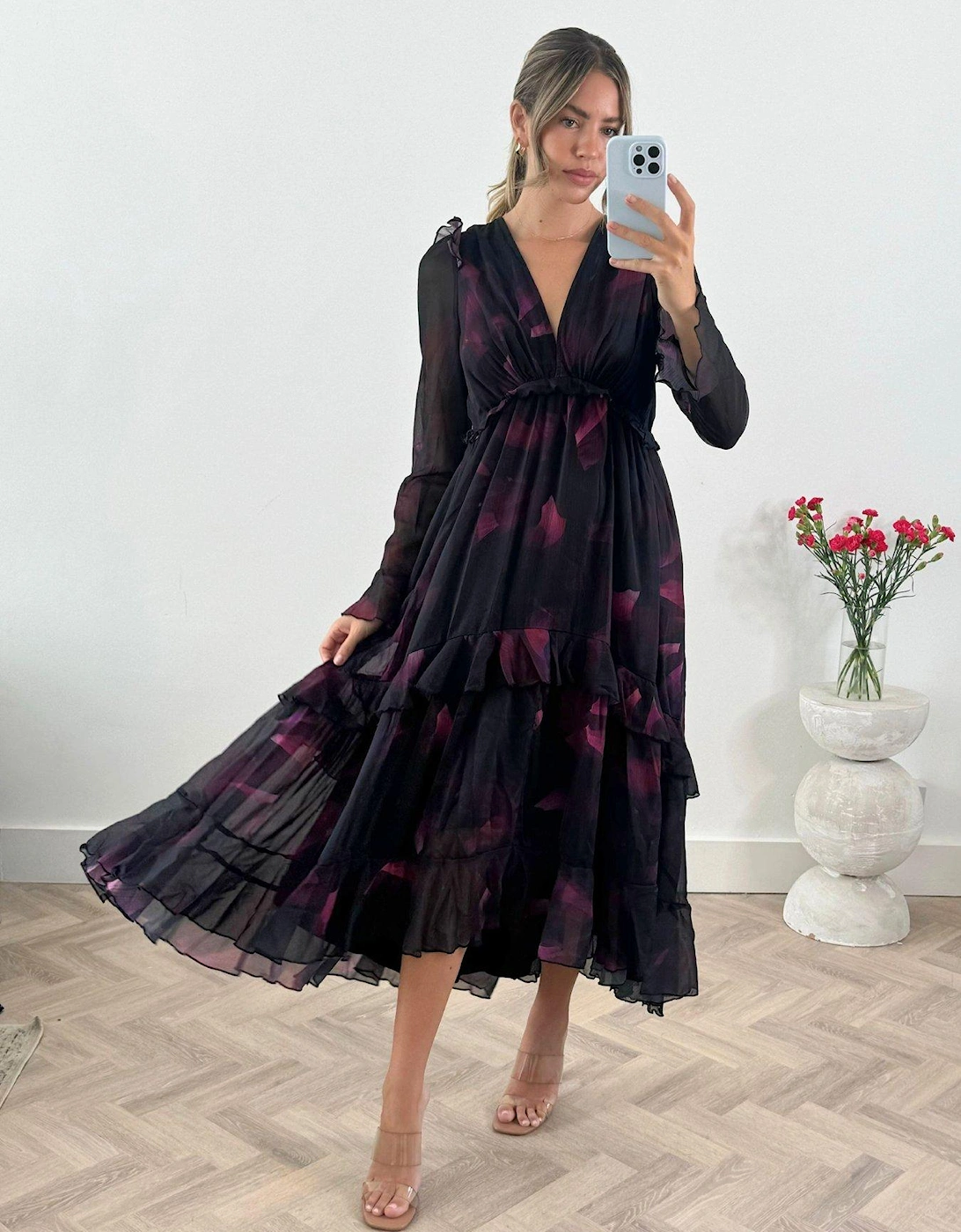 Floral Print Tiered Skirt Midi Dress - Black