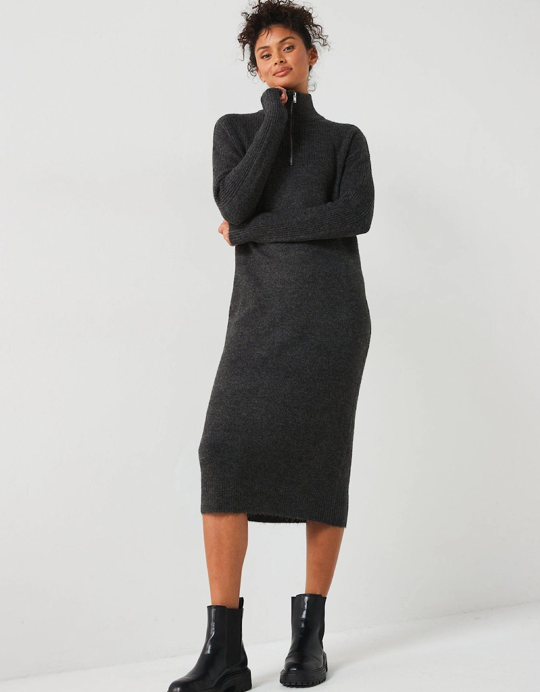 Knitted Quarter Zip Midi Dress - Charcoal