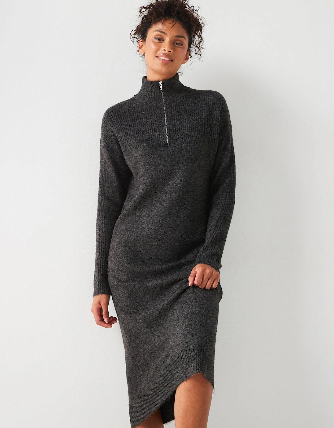 Knitted Quarter Zip Midi Dress - Charcoal