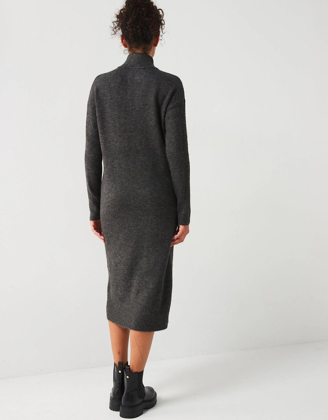 Knitted Quarter Zip Midi Dress - Charcoal