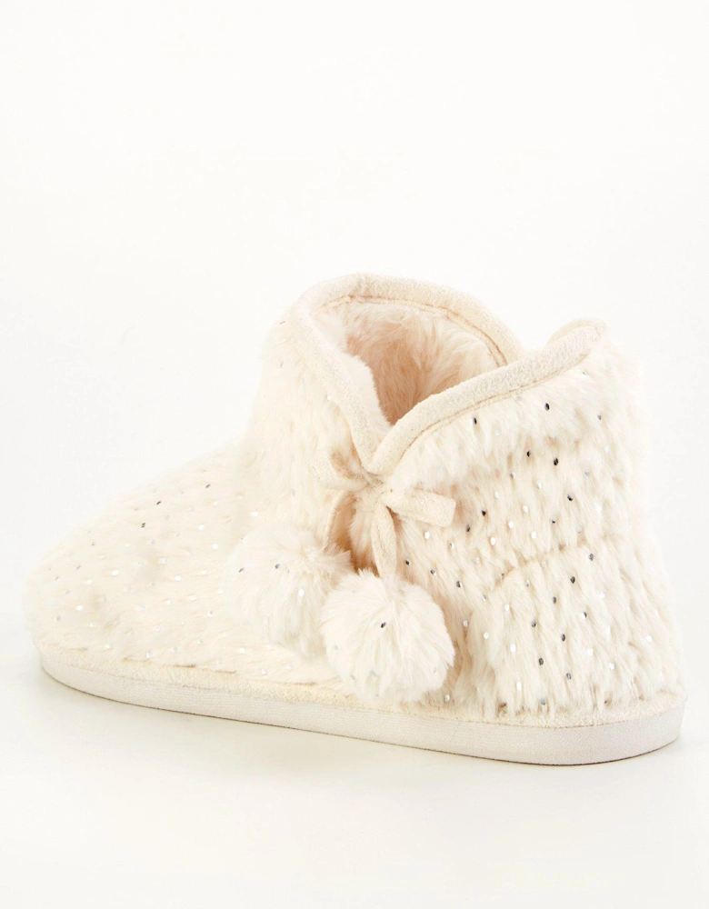 Textured Slipper Boot with Poms - Cream