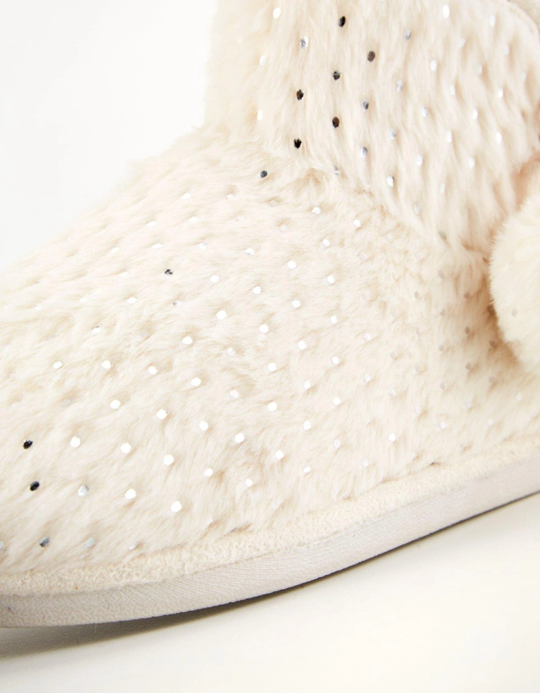 Textured Slipper Boot with Poms - Cream