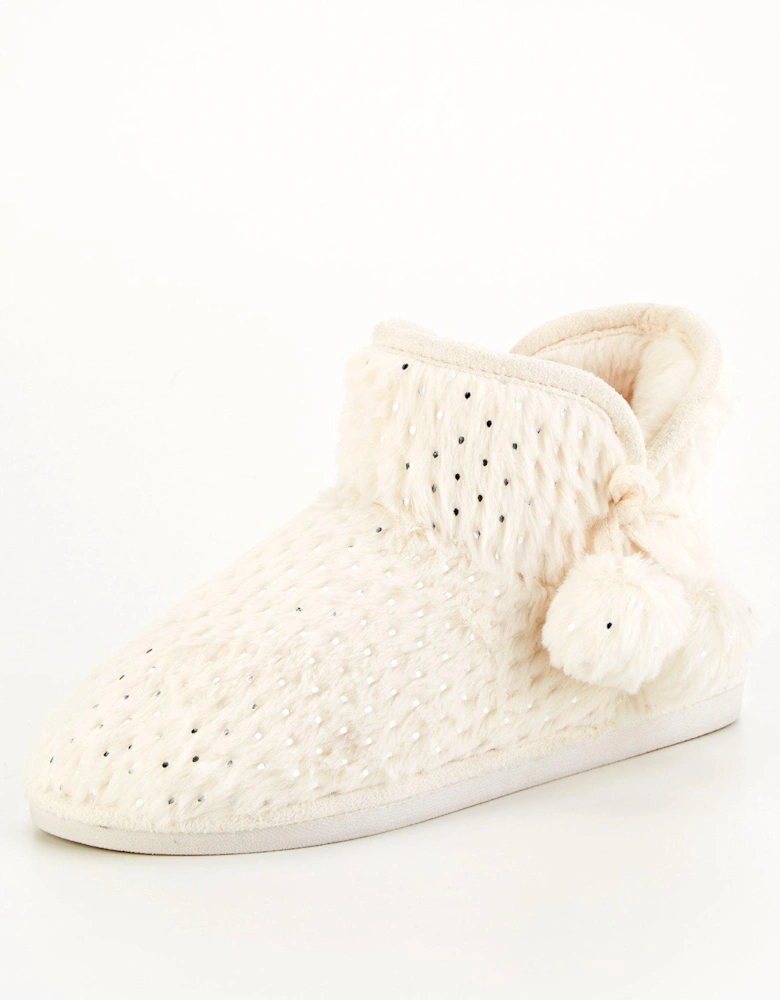 Textured Slipper Boot with Poms - Cream