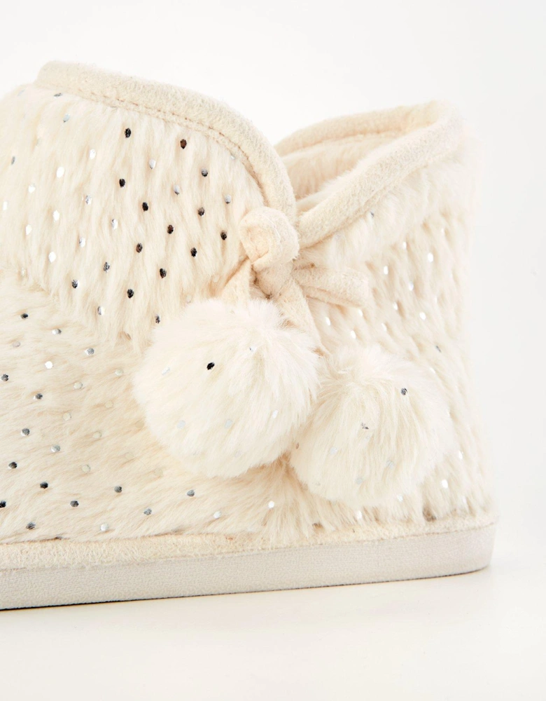 Textured Slipper Boot with Poms - Cream