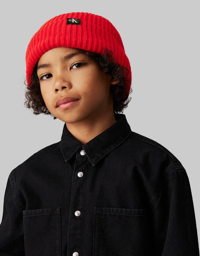 Kids Monogram Rib Beanie - Red