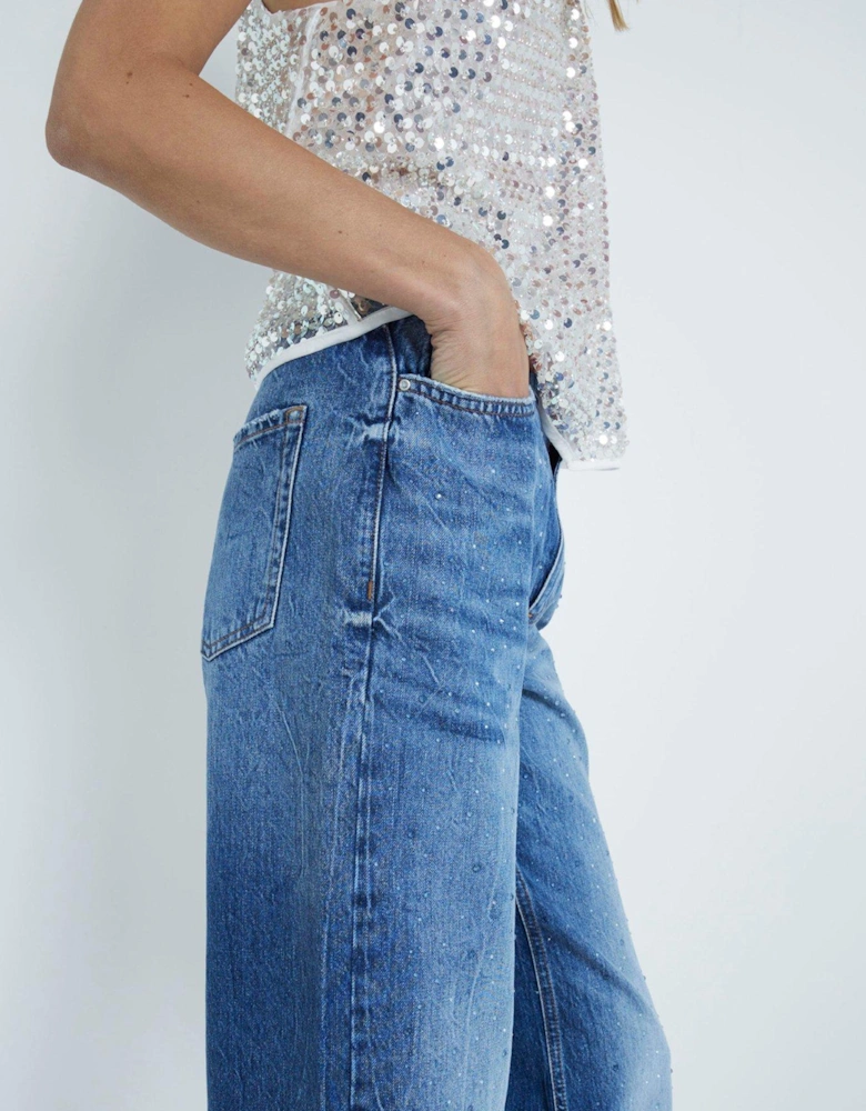 Relaxed Embellished Straight Jeans - Blue