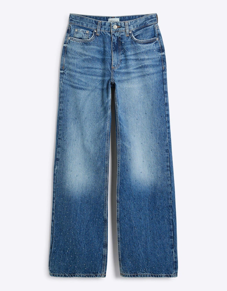 Relaxed Embellished Straight Jeans - Blue