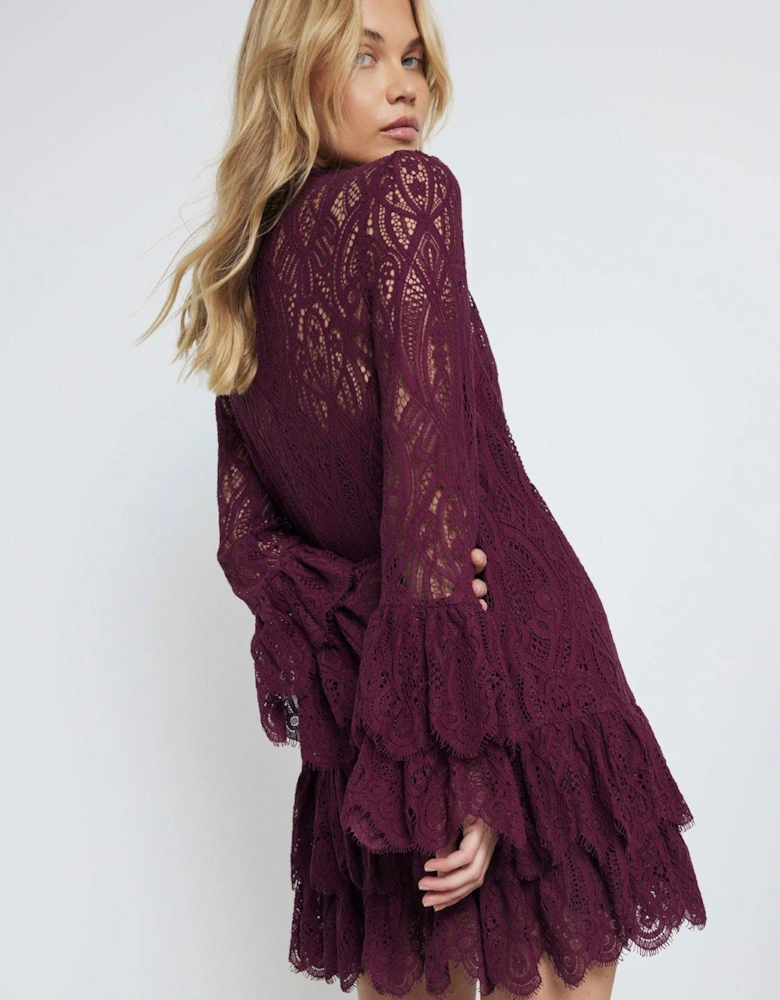 Lace Tiered Shift Dress - Dark Red