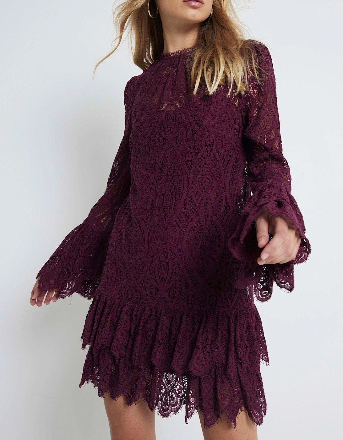 Lace Tiered Shift Dress - Dark Red