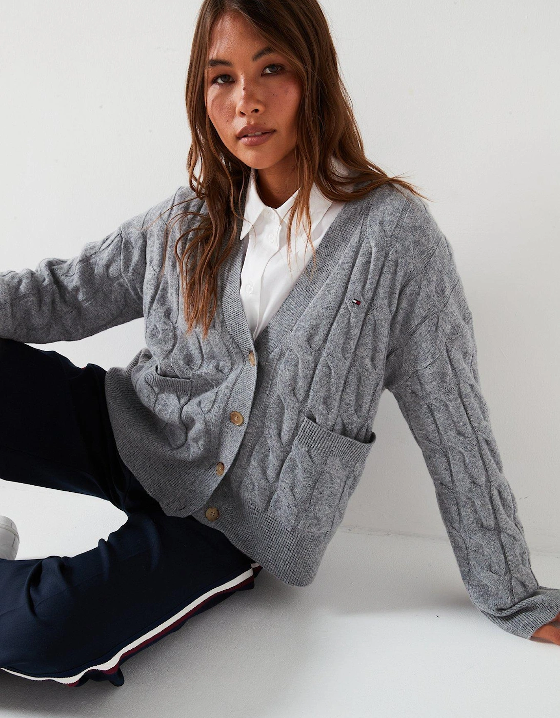 Soft Wool Cable Knit Cardigan - Grey