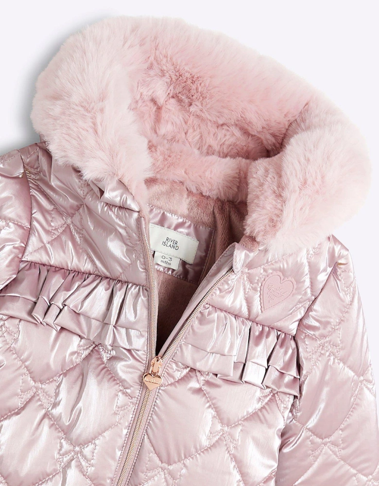 Baby Girl Quilted Hooded Bow Snowsuit - Pink