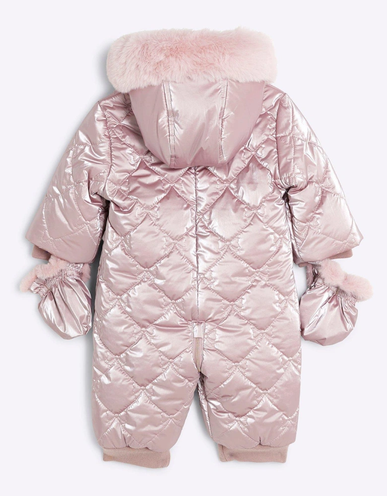 Baby Girl Quilted Hooded Bow Snowsuit - Pink