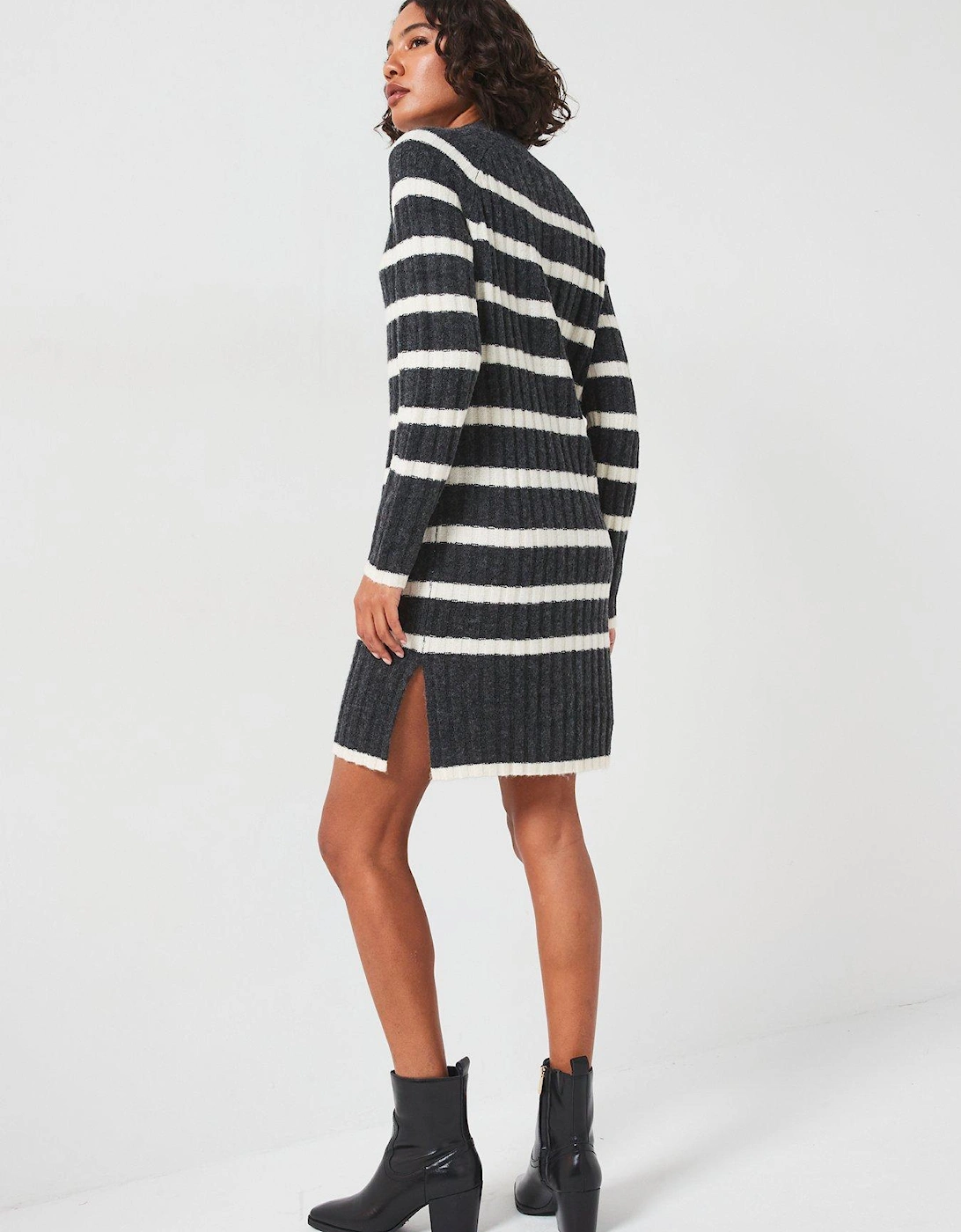 Knitted Stripe Mini Dress - Grey