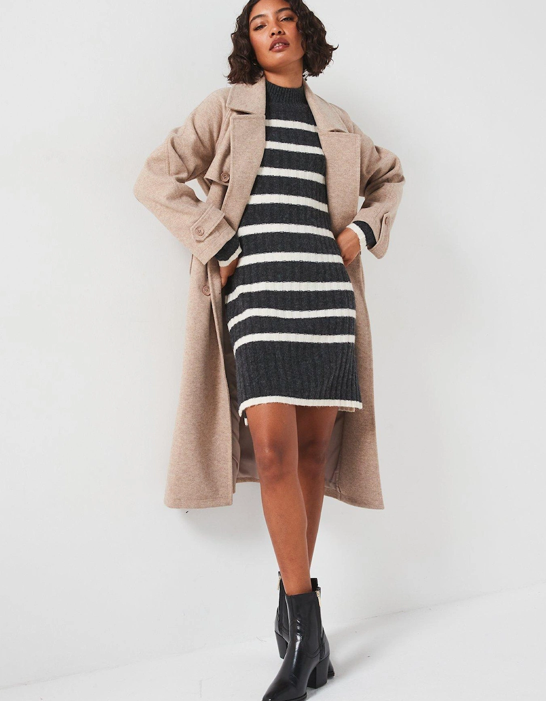 Knitted Stripe Mini Dress - Grey