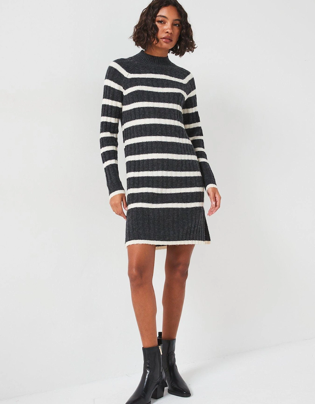 Knitted Stripe Mini Dress - Grey