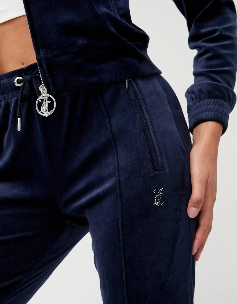 Diamante Back Logo Velour Track Pant - Navy