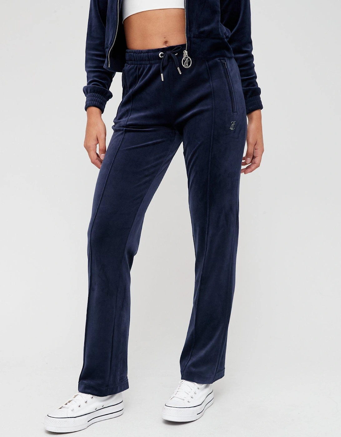 Diamante Back Logo Velour Track Pant - Navy