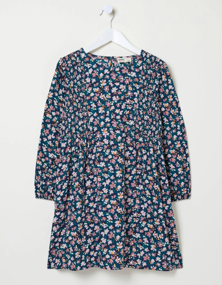 Girls Rhea Floral Printed Dress - Dark Teal Blue