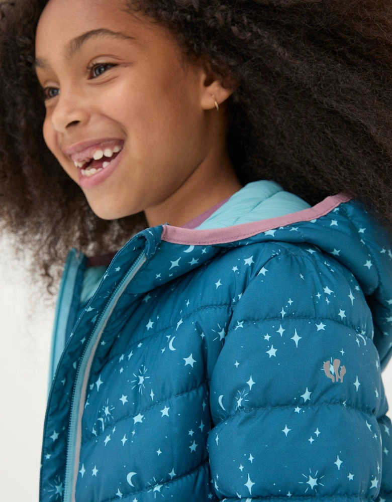 Girls Printed Poppy Padded Jacket - Dark Teal Blue