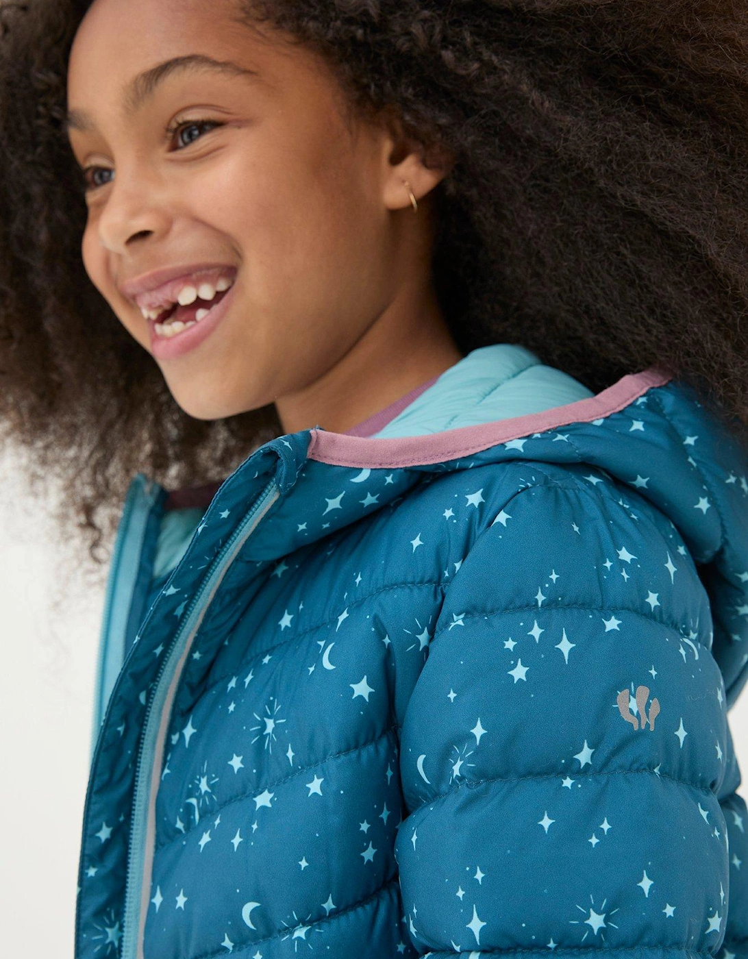 Girls Printed Poppy Padded Jacket - Dark Teal Blue