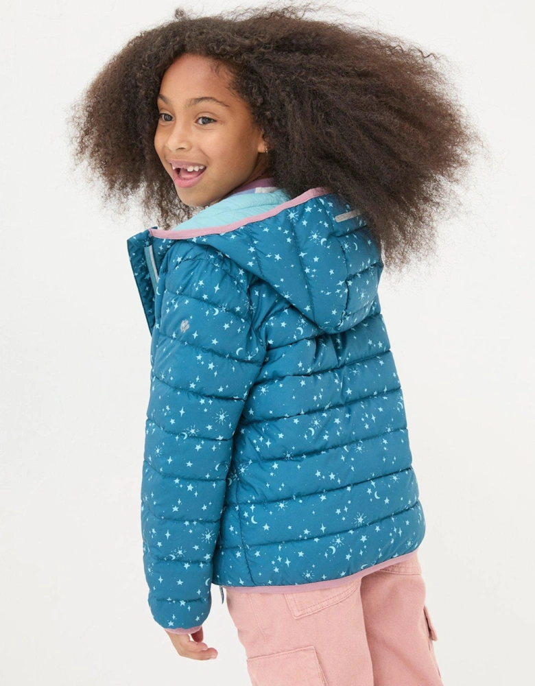 Girls Printed Poppy Padded Jacket - Dark Teal Blue