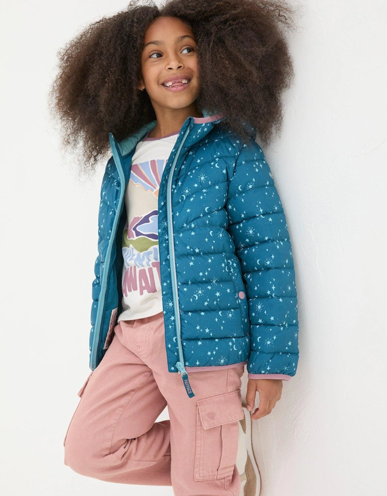 Girls Printed Poppy Padded Jacket - Dark Teal Blue
