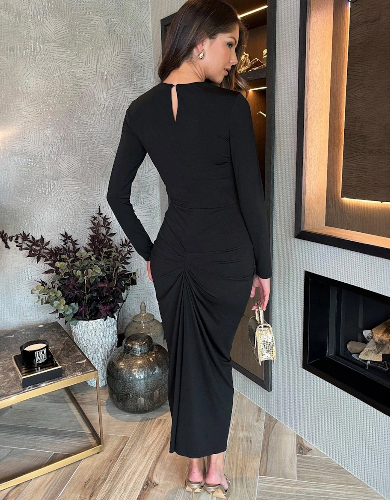 Long Sleeve Bodycon Knot Skirt Midi Dress - Black