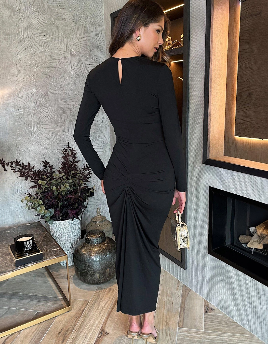 Long Sleeve Bodycon Knot Skirt Midi Dress - Black