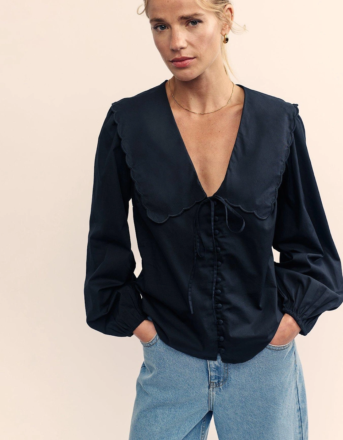 Collar Detail Long Sleeve Blouse - Black