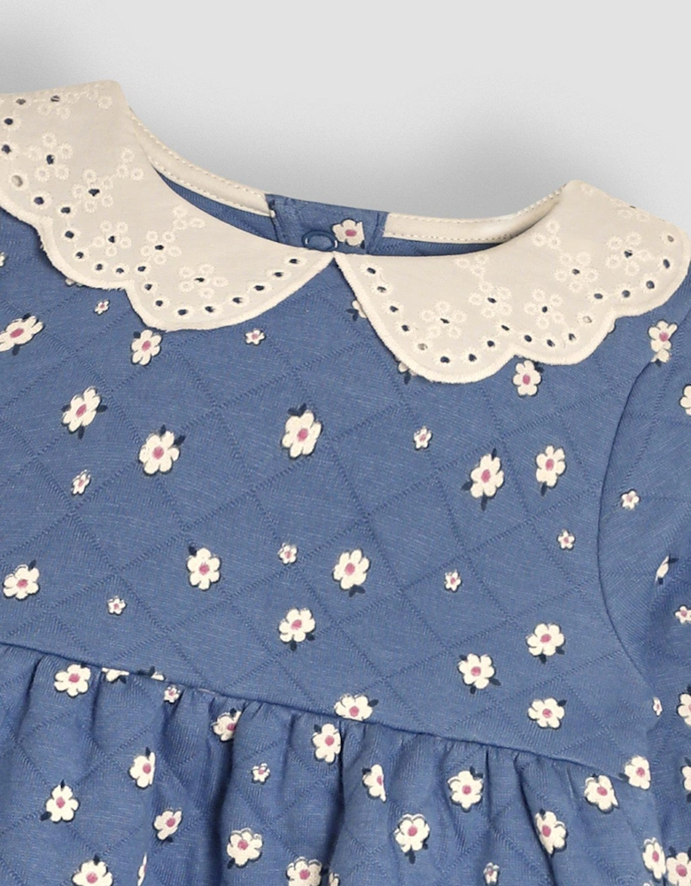 Girls Daisy Floral Broderie Collar Quilted Dress - Blue