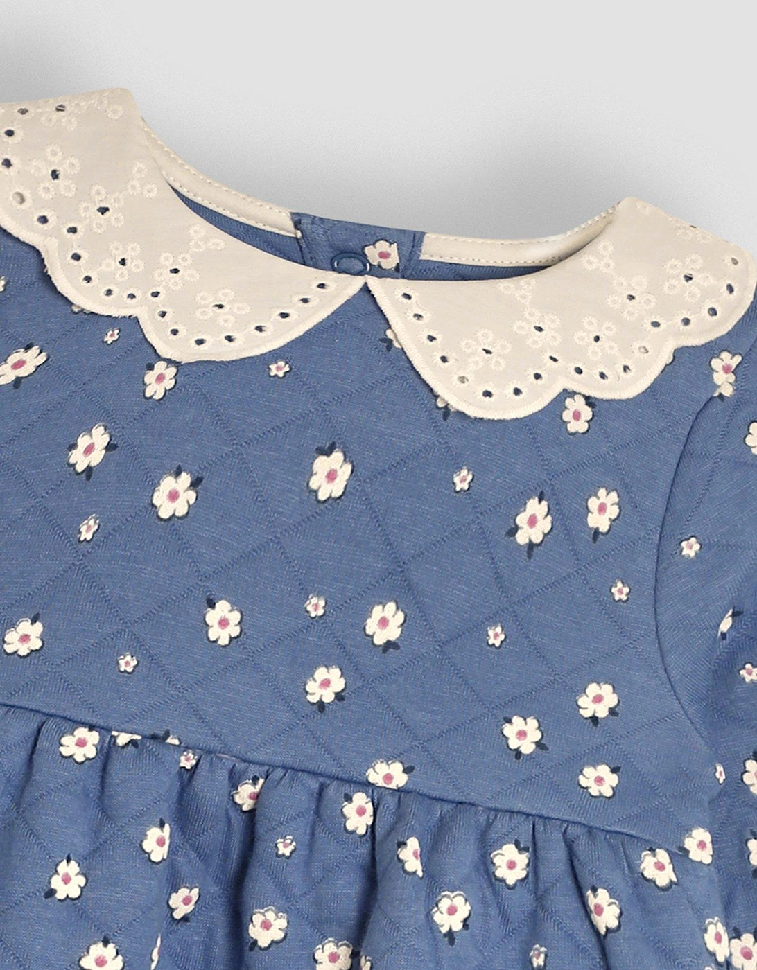 Girls Daisy Floral Broderie Collar Quilted Dress - Blue