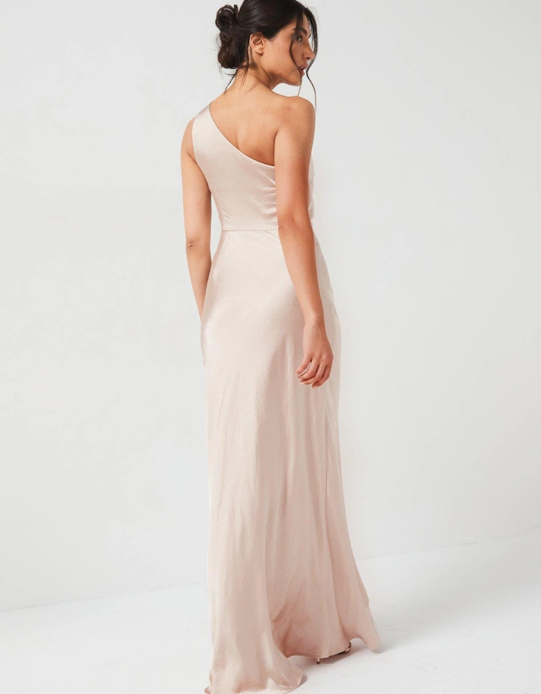 One Shoulder Satin Ruched Bridesmaid Dress - Oyster - Beige