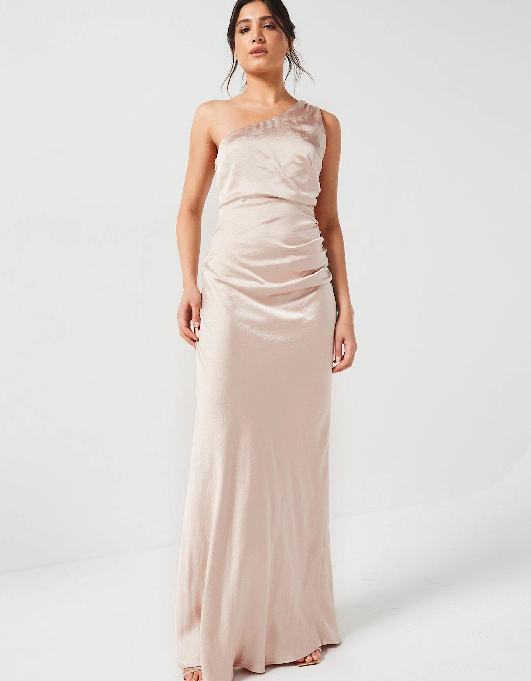 One Shoulder Satin Ruched Bridesmaid Dress - Oyster - Beige