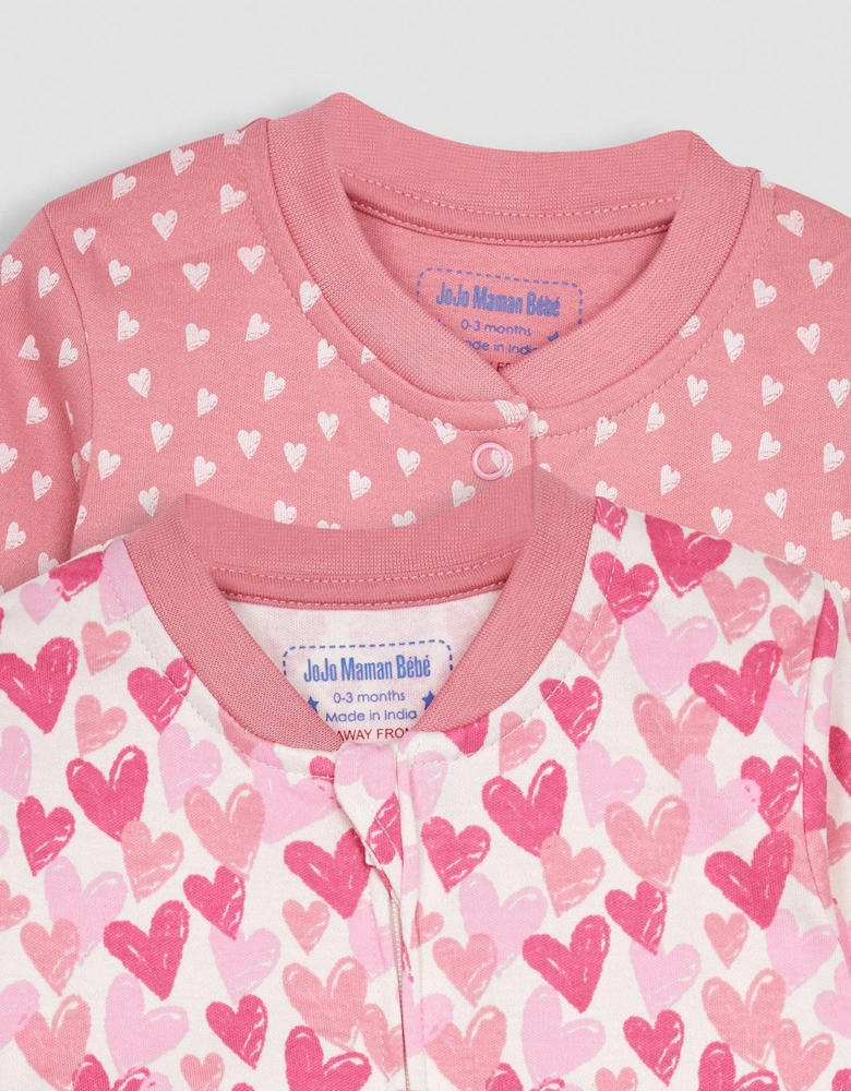 Girls 2-Pack Love Heart Sleepsuits - Pink