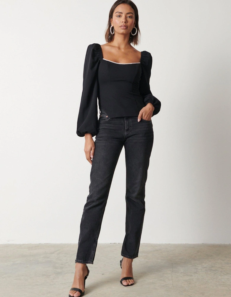 Puff Sleeve Square Neck Top - Black