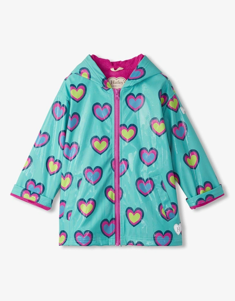 Girls Heart Colour Change Rain Jacket - Green