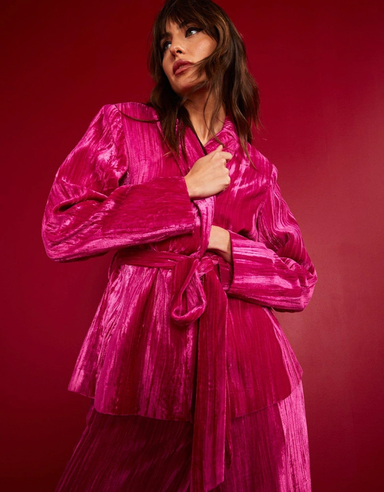 Belted Wrap Velvet Blazer - Bright Pink