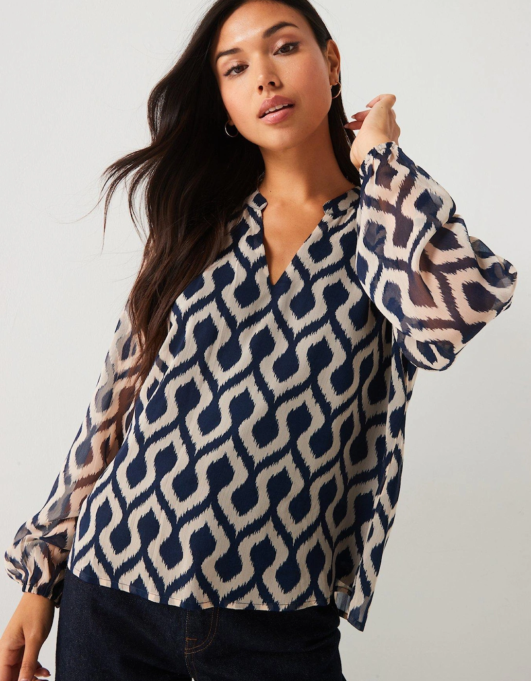 Printed V Neck Blouse - Blue