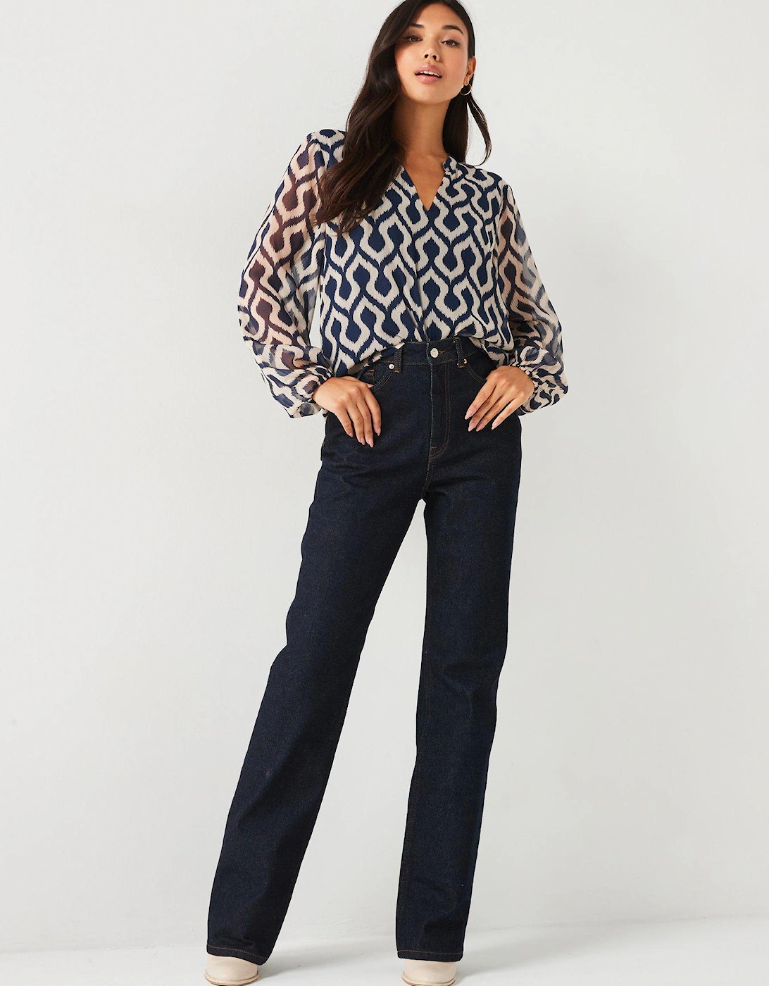 Printed V Neck Blouse - Blue