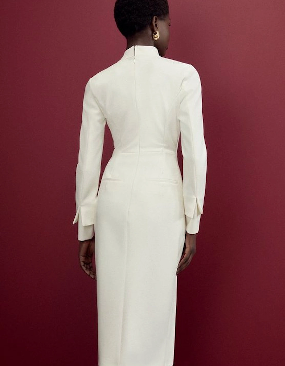The Founder Compact Stretch Tailored Tie Neck Pencil Midi Dress