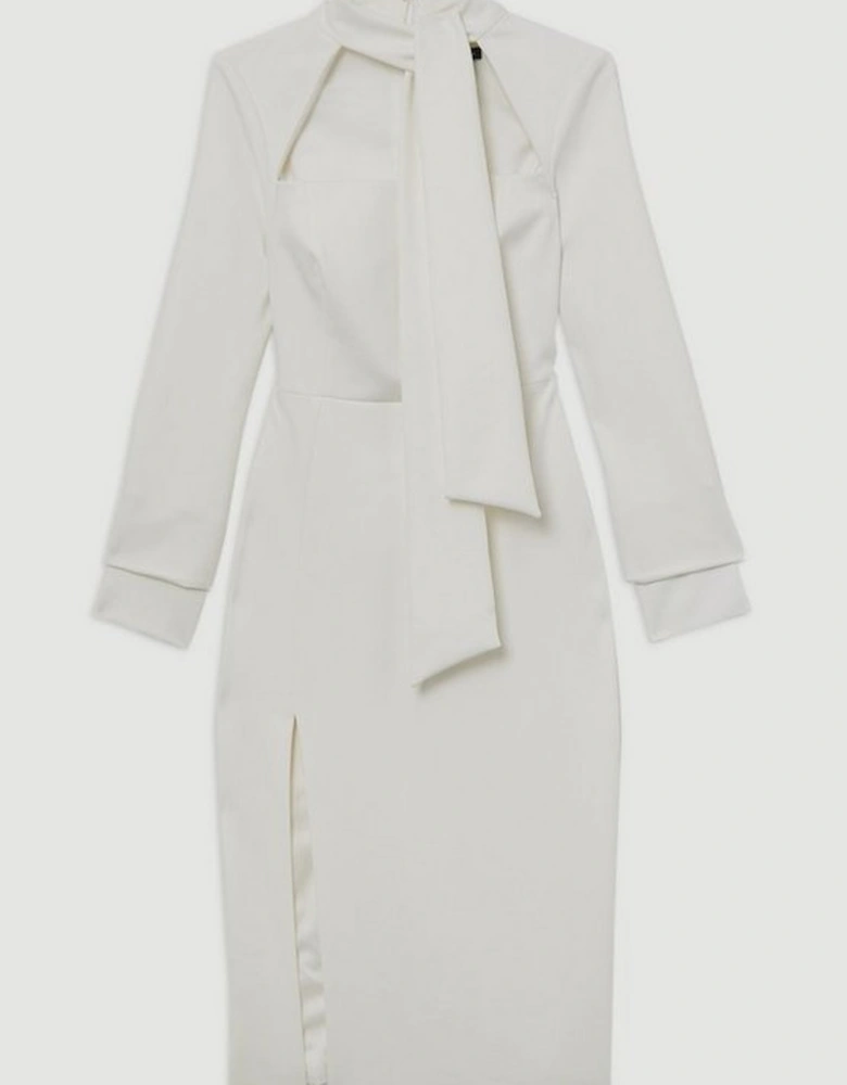 The Founder Compact Stretch Tailored Tie Neck Pencil Midi Dress