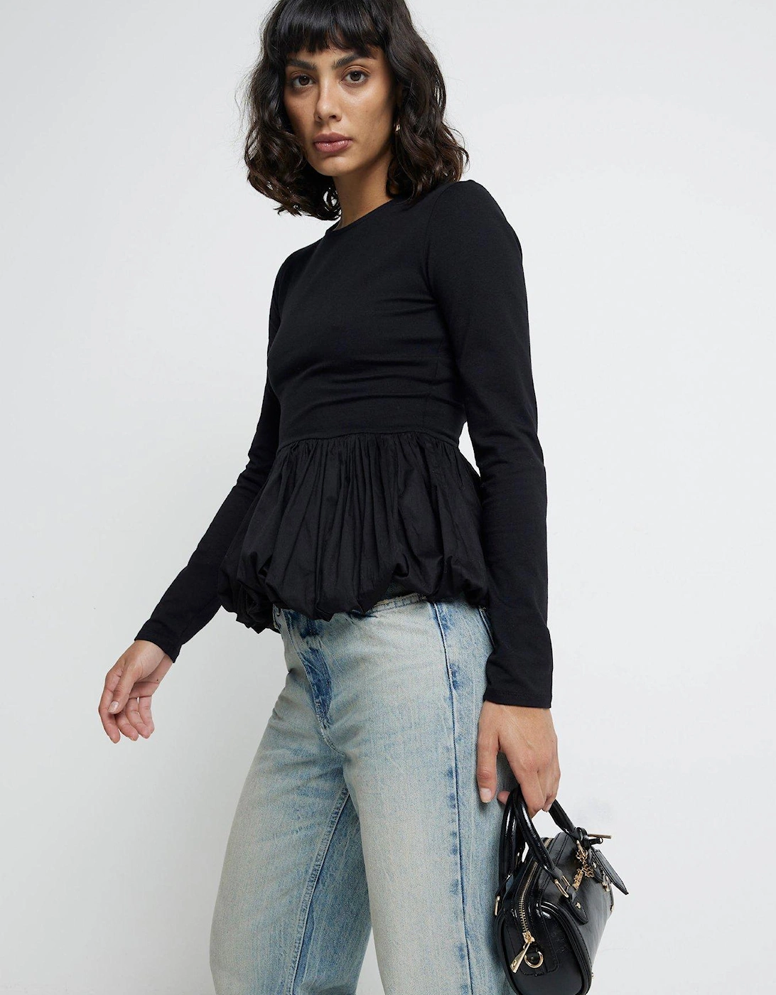 Poplin Puff Ball Top - Black