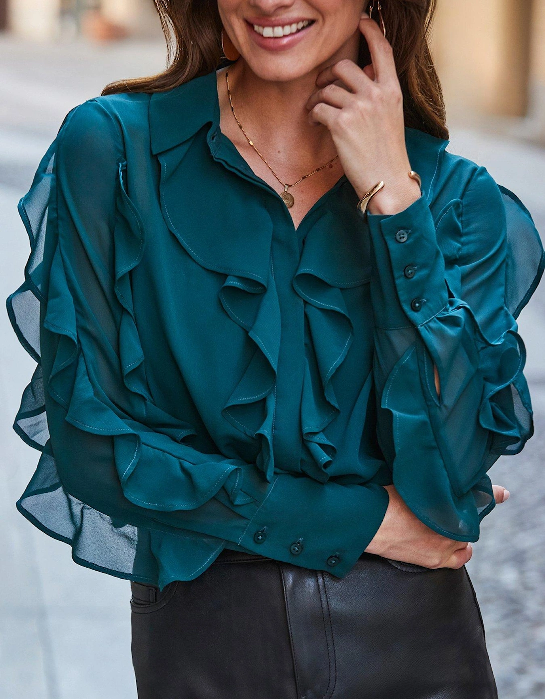 Ruffle Front Shirt - Green