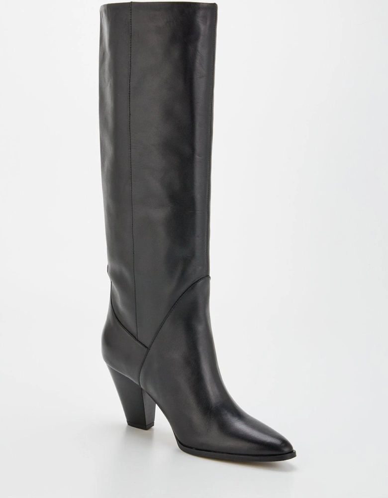 Leather Knee High Cowboy Boots - Black