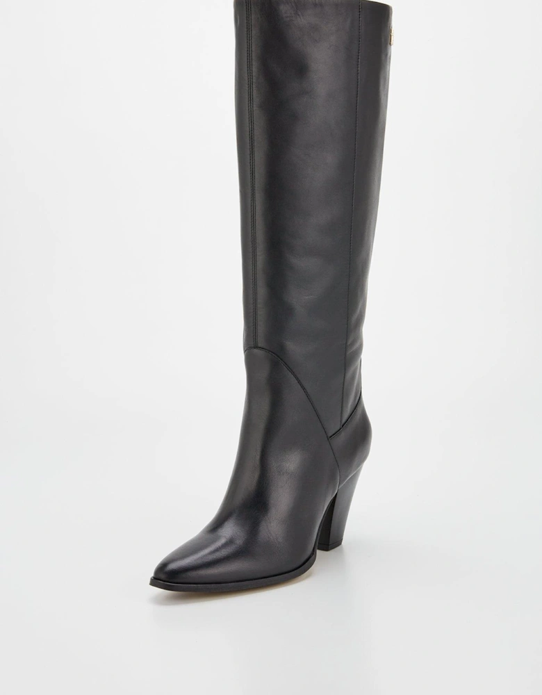 Leather Knee High Cowboy Boots - Black